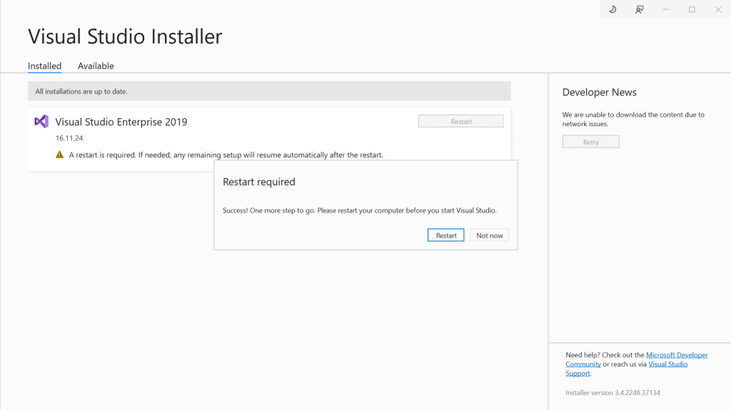 Visual Studio offline installation complete